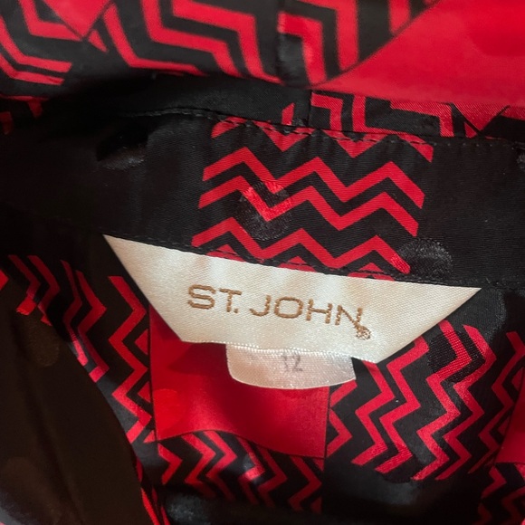 St. John Red Black Buffalo Plaid Polka Dot Tie Bow Button Up Blouse Women’s 12 J - Picture 2 of 7